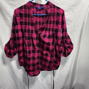 Lindo Top Miley Cyrus Max Azria Rosa y Negro Cuadros Cuadros Abotonados Talla L - Imagen 1 de 11