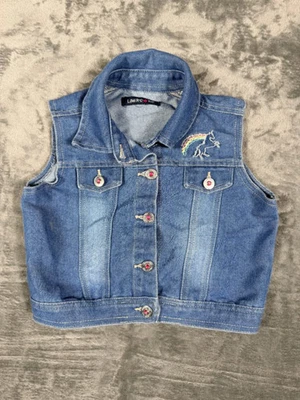 Colete jeans Limited Too Kids arco-íris unicórnio bordado tamanho 10 mistura de algodão - Imagem 1 de 4