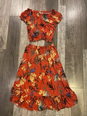 Falda y Top Estampado Hawaiano Rojo Floral Dos Piezas Tropical 10-12 Vacaciones Playa Foto 1 de 4