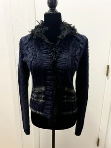 Free People Grobstrick Pullover Cardigan Small dunkelblau Boho Kunstfellkragen - Bild 1 von 8