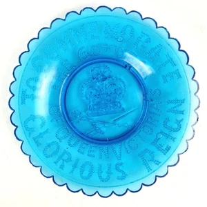 Antique Blue Glass Hobnail Plate Queen Victoria Diamond Jubilee 60th Year 4.5" - Picture 1 of 12