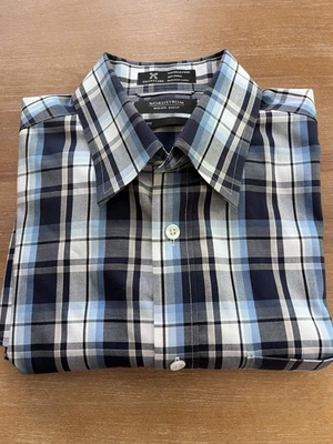 Camisa social masculina NORDSTROM SMARTCARE ajuste sem rugas azul xadrez bolso M - Imagem 1 de 4