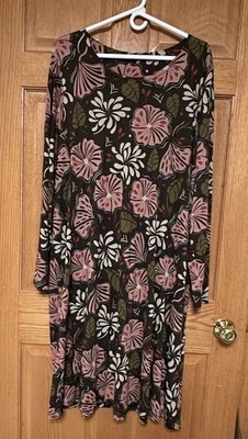 Gudrun Sjoden Brown Swing Dress Pink Floral Jersey Pockets 100% Modal Sz XL EUC - Image 1 of 4