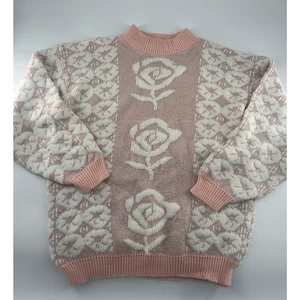 Suéter Vintage Años 80 Private Eyes EE. UU. Floral Rosas Rosa Blanco Y2K Mujer Mediano - Imagen 1 de 14