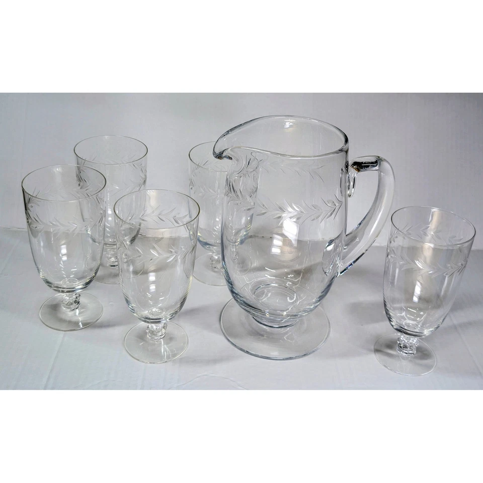 复古 Fostoria Holly 图案蚀刻水晶罐和 6 件套脚眼镜 — 第 1/4 张图片