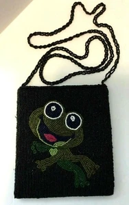 Black Beaded Cross Body Purse w/ Frog Design 6" Wide x 7" Deep Zipper Closure - Picture 1 of 9