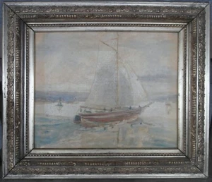 AMERICAN IMPRESSIONIST Antique OIL Painting COS COB SCHOOL Artist HARBOR BOATS - Bild 1 von 21