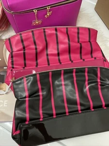 2 X Lancome Striped Hot Pink and Black Cosmetic Makeup Bag Zipper Pouch Large - Picture 1 of 4