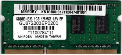 Unifosa 1GB PC3 GDDR3 128Mx8 1333mhz SoDimm Laptop Memory GU672203EP0200 - Image 1 of 2
