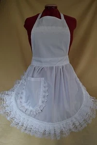RETRO VINTAGE 50's STYLE FULL APRON / PINNY - WHITE with LACE TRIM - Picture 1 of 4