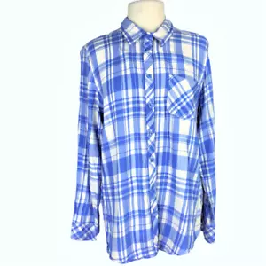 Bit & Bridle Shirt Top Women XL Blue Plaid Button Up Long Sleeve Cotton Rayon - Picture 1 of 6