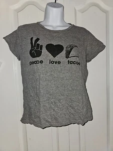 Women's Crazy Dog Gray Short Sleeve T-shirt Peace Love Tacos Size Large - Picture 1 of 4