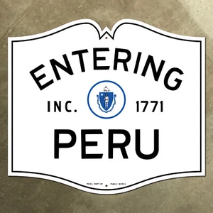 Entering Peru Massachusetts city limit highway marker road sign 1950 12x10 - Picture 1 of 3