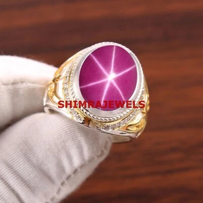 Lab Created Linde Star Ruby Gemstone With 925 Sterling Silver Men's Ring #1026 - Image 1 of 4