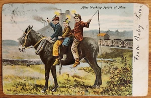 Postal de mina de carbón para niños en mula después de horas de trabajo PC alrededor de 1909 - Imagen 1 de 1