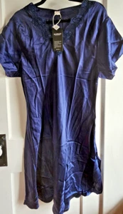 NWT SilkSilky 100% silk side split short sleeve lace neck nightgown blue Sz XXL - Picture 1 of 9