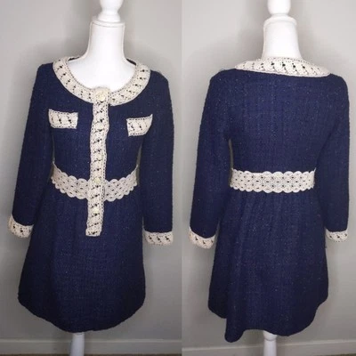 Vestido de Lana Tweed Azul Marino Colección Palacio Princesa Real Estilo Vintage Foto 1 de 4