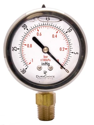 2" Oil Filled Pressure Gauge, SS Case, 1/4" NPT, Lower Mount, -30HG/0PSI - Image 1 of 4