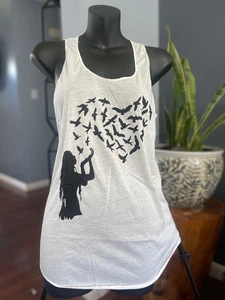 Women’s Sleeveless Tank Top Bird Heart Graphic Tee 100% Polyester White Boho - Picture 1 of 2