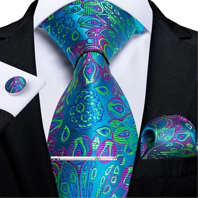 Corbata floral azul verdoso para hombre corbata y pañuelo y gemelos y corbata conjunto regalo Foto 1 de 4