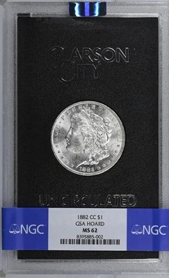 NGC MS62 1882-CC GSA HOARD MORGAN SILVER DOLLAR $1 WITH BOX & COA - Image 1 of 2