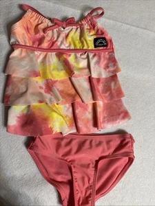 Justice Girls Tankini Swimsuit Pink Tie Dye 5/6 Lined Ruffles Logo 2 Piece Set - Picture 1 of 8