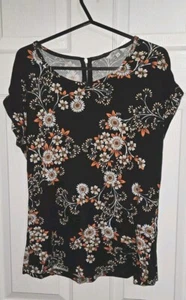 Peacocks Black Top With Multicoloured Flowers, Quarter Zip At Back, Size 10 - Picture 1 of 6