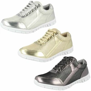 LADIES F8R0102 LACE UP METALLIC CASUAL GLITTER TRAINERS SHOES WAVES RETAIL £9.99 - Picture 1 of 14