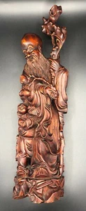 Antique Wood Sculpture of Man Shou Lao Long life with Child holding a dog - Picture 1 of 12