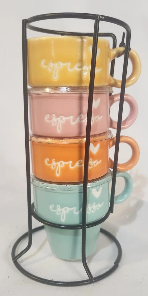 Juego de cuatro tazas de café espresso con estante de metal 2,3 OZ Ea Foto 1 de 2