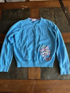 Hanna Andersson Sweater Girls size 14-16 Blue Cotton Cardigan With Flower - Picture 1 of 12