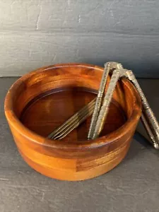 Mid Century Handmade Wooden Nut Bowl With Nut Cracker~MCM Barware~6”~Holidays - Picture 1 of 9