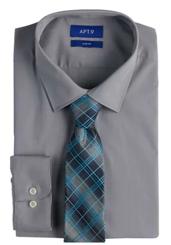 Apt 9 slim fit dress shirt and tie set NWT mens XXL 2XL 18 18.5 34 35 gray $50 - Image 1 of 1