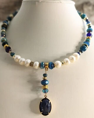 30 карат необработанный синий сапфир и жемчуг в красивый синий бусина ожерелье и серьги - Изображение 1 из 4