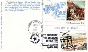 2025 AM. REV. BATTLEFIELDS BUNKER HILL REDCOATS FDC ON 1975 BH FDC ON POSTCARD - Picture 1 of 2
