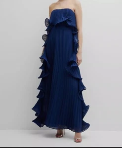 Badgley Mischka Strapless Pleated Ruffled Chiffon Gown Blue Womens Size 14 - Picture 1 of 11