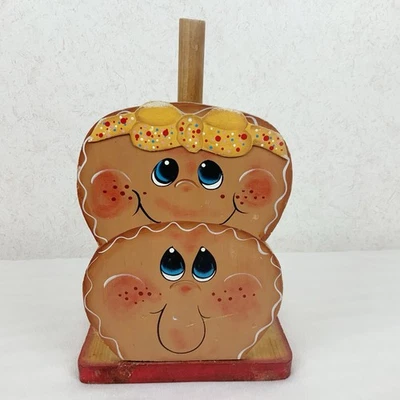 Toallero de papel de madera vintage de pan de jengibre para hombre niña hecho a mano pintado Foto 1 de 4