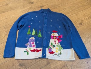 Vintage Christmas Cardigan Snowmen Ugly Sweater Blue Applique Size Medium - Picture 1 of 8