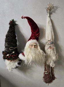 3 Large Santa Claus Christmas Head Xmas Ornament Beard Velvet Hat  #2 Vintage  - Picture 1 of 16
