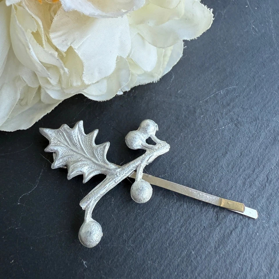 Holiday Hairpin Silver Holly Hair Accessory Christmas Clip  - Image 1 of 4