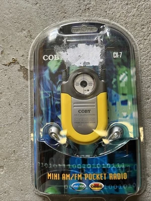 New Coby CX-7 Mini AM FM Pocket Radio DBBS Portable Earphones Neck Cord - Image 1 of 4