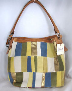 FOSSIL KATE BLUE,YELLOW,WHITE,BROWN SUEDE,LEATHER PATCH WORK BUCKET,PURSE,BAG