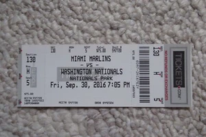 WASHINGTON NATIONALS VS MARLINS 9/30/2016 FULL TICKET ~ YELICH/RENDON/DREW HRs - Picture 1 of 1