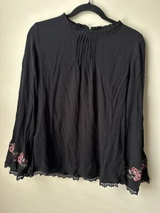Time & Tru Women's M Black floral embroidered Bell Sleeve Top Pleats ruffles - Picture 1 of 8