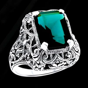 ART DECO STYLE 925 STERLING SILVER SIMULATED 3 CT LONDON BLUE TOPAZ RING   #1135 - Picture 1 of 4