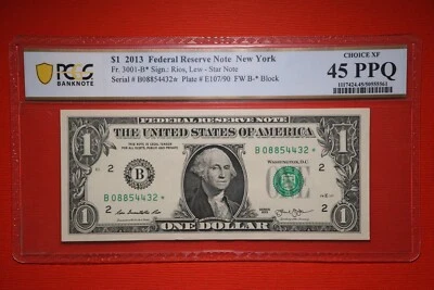 (XF) 2013 B $1 Duplicate Star Note PCGS GRADED PPQ 45 CHOICE B08854432* FW - Image 1 of 2