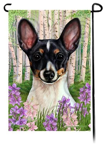 Spring Flowers Garden Flag - Black Tri Toy Fox Terrier - Picture 1 of 1