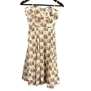 Anthropologie Dress Bicycle Print Strapless Fit and Flare Cotton Cream Size 00 - Picture 1 of 8