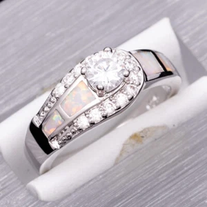 4mm Round Simulated Moissanite White Fire Opal Silver Jewelry Ring Size 7 8 9 10 - Picture 1 of 30