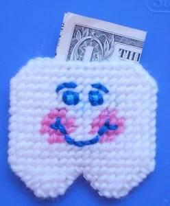 Two (2) Tooth Fairy Pouch Smiling & Happy acrylic yarn & plastic canvas - Picture 1 of 2